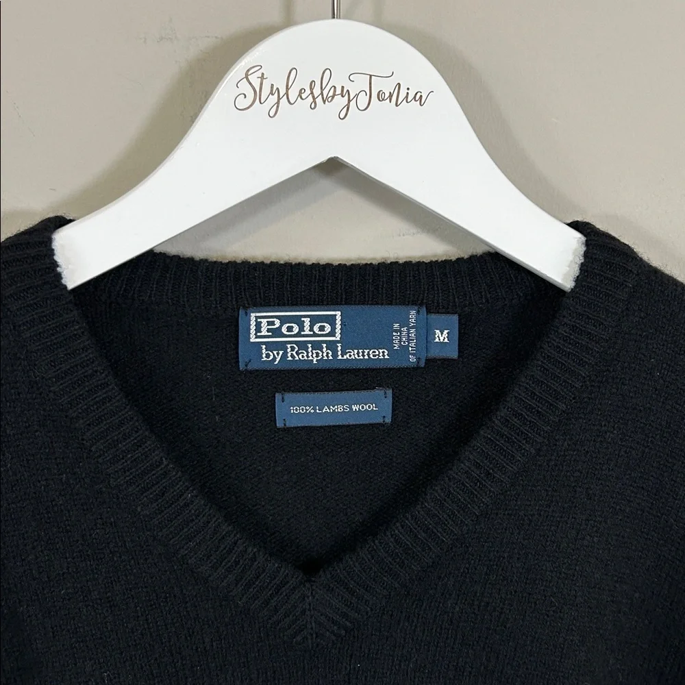 Polo Ralph Lauren Lambs Wool V Neck Sweater Mens Black Purple Pony Sz M